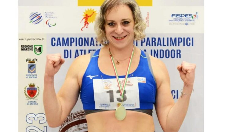 Trans woman Valentina Petrillo runs competitors to the floor.  The athletes were left behind