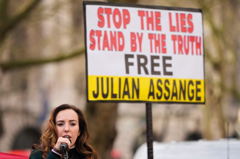 Stella Assange wife of Julian Assange gives a speech outside the Royal Courts of Justice in London, Tuesday, Feb. 20, 2024. WikiLeaks founder Julian Assange will make his final appeal against his impending extradition to the United States at the court. (AP Photo/Kirsty Wigglesworth)