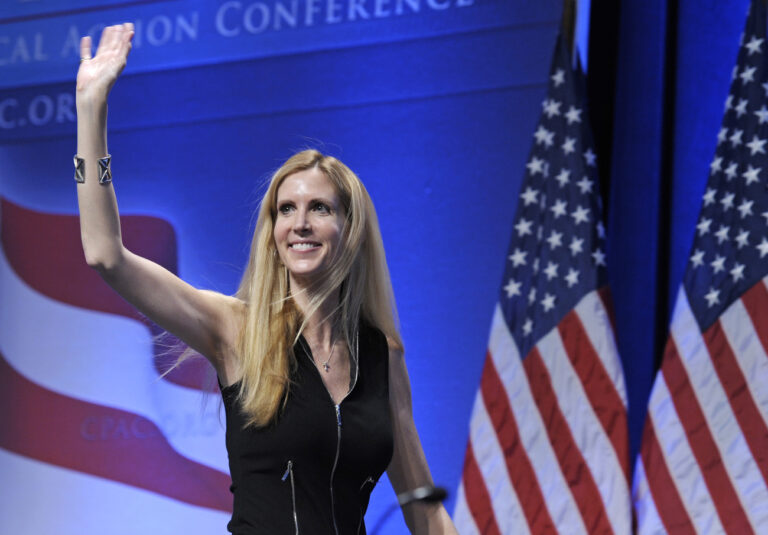 FILE - In this Feb. 12, 2011 file photo, Ann Coulter waves to the audience after speaking at the Conservative Political Action Conference (CPAC) in Washington. The Fox Nation web site has removed a column by conservative commentator Ann Coulter because it had a reference to killing the daughter of Sen. John McCain. Fox said Thursday, April 11, 2013, the column, posted Wednesday night, was deemed offensive. Coulter wrote that MSNBC's Martin Bashir suggested Republican senators need to have a member of their family killed before they would support stronger gun control legislation. She wrote: “Let's start with Meghan McCain!” (AP Photo/Cliff Owen, File)