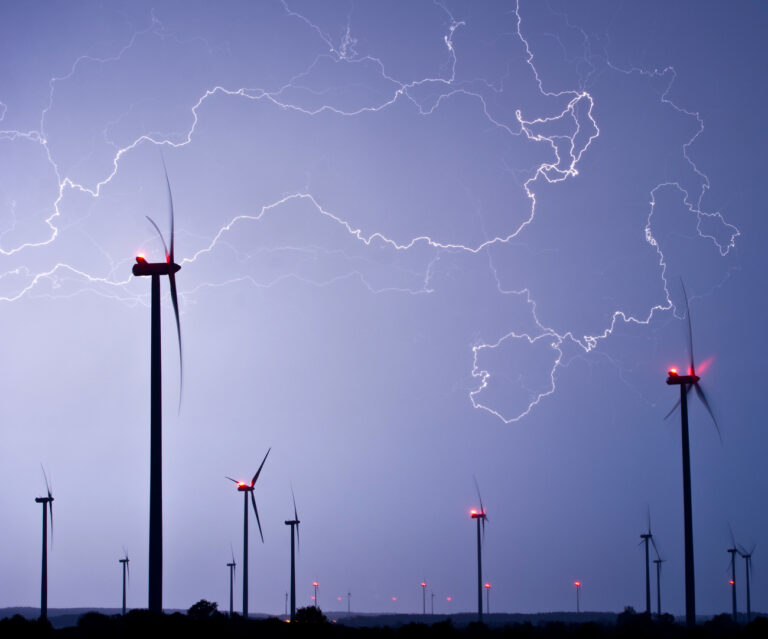 In this picture made available Friday, May 10, 2013, flashlights light the sky over a wind energy park during a thunderstorm near Jacobsdorf, eastern Germany, Thursday, May 9, 2013. (AP Photo/dpa, Patrick Pleul)