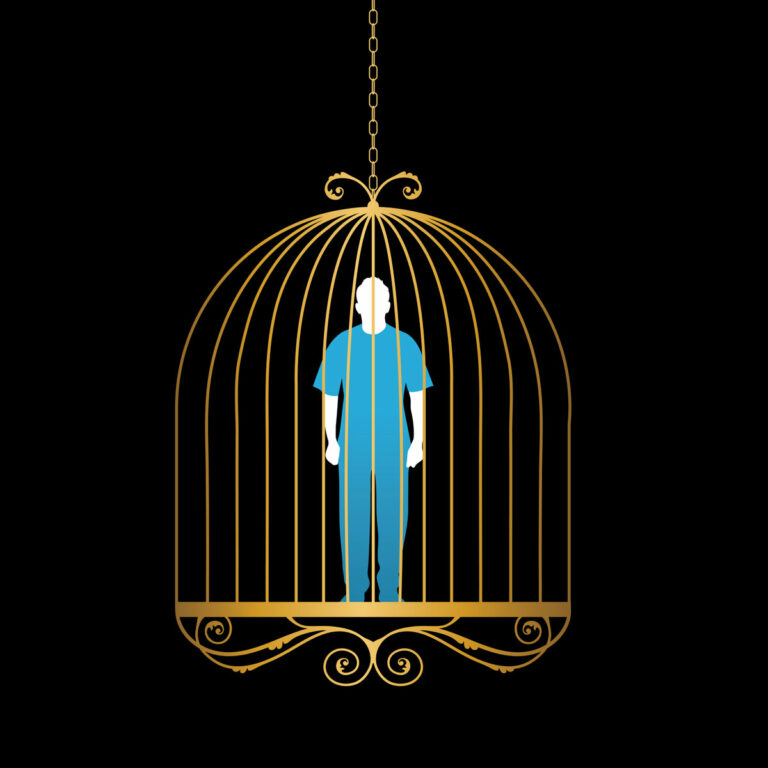 Conceptual illustration of man trapped in golden bird cage.