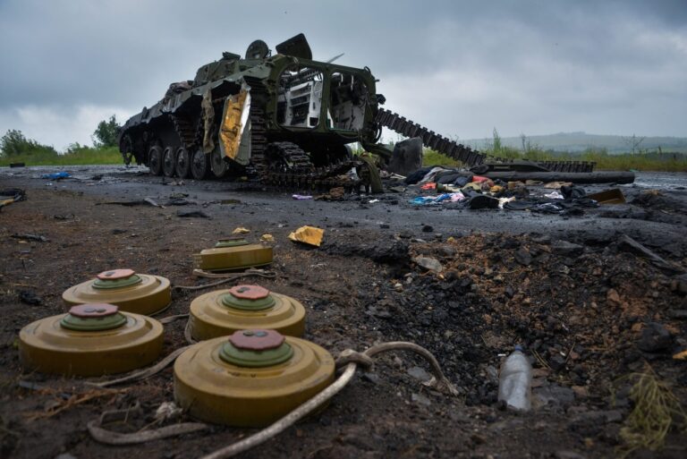 epa04304378 Landmines lie next to a destroyed military tank of pro-Russian militants after Ukrainian army attack near of Slaviansk, Ukraine, 07 July 2014. The Ukrainian army recaptured the rebel strongholds of Slaviansk and Kramatorsk after the pro-Russian separatists fled following a major military offensive, authorities said on 05 July. The leadership in Kiev called the recapture of the two cities, along with other smaller towns, 'one of the greatest victories' since the beginning of its 'anti-terrorist operation' in mid-April to retake areas under separatist control. EPA/STR