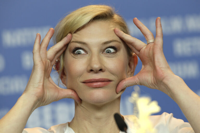 Actress Cate Blanchett gestures during the press conference for the film Cinderella at the 2015 Berlinale Film Festival in Berlin, Friday,Feb. 13, 2015. (AP Photo/Michael Sohn)