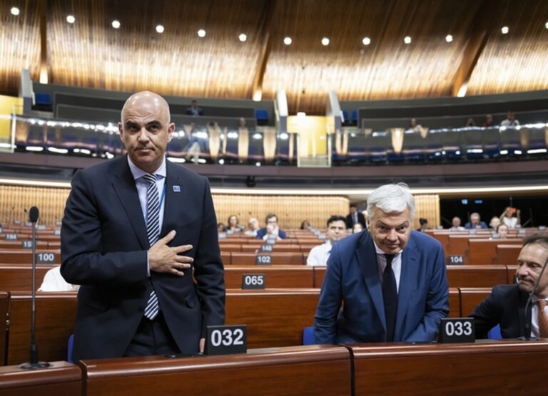 New elected Secretary General of the Council of Europe Switzerland's Alain Berset, left, reacts after his election next to Belgian candidate for Secretary General of the Council of Europe Didier Reynders, center, and Estonian candidate for Secretary General of the Council of Europe Indrek Saar, right, in the Assembly Chamber of the Palace of Europe (Palais de l'Europe), during the third part of the 2024 Ordinary Session of the Parliamentary Assembly of the Council of Europe (PACE), in Strasbourg, France, Tuesday, June 25, 2024. Swiss candidate Alain Berset was elected in the 2nd round for the post of Secretary General of the Council of Europe. The Parliamentary Assembly of the Council of Europe elects the new secretary general of the council of Europe to succeed Marija Pejcinovic Buric. He will take up his duties on 18 September 2024. (KEYSTONE/Anthony Anex)