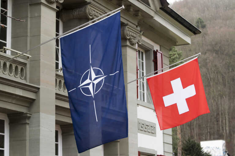 The Flags of NATO and Switzerland are pictured before the arrival of NATO Secretary General Jens Stoltenberg, not pictured, for official meetings in Bern, Switzerland, Thursday, Maerzy 02, 2017. The visit of Jens Stoltenberg will point out the importance of the partnership between NATO and Switzerland during a two-day visit to Bern and Geneva. (KEYSTONE/Lukas Lehmann)