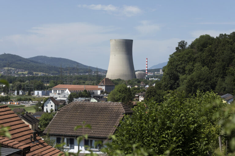 The Goesgen nuclear power plant cooling tower and reactor, behind it, photographed from Niedergoesgen, in the canton of Solothurn, Switzerland, on June 13, 2017. On June 4, 2017, the KKG was turned off for revisions works, as scheduled. (KEYSTONE/Gaetan Bally)

Der Kuehlturm und dahinter der Reaktor des Kernkraftwerks Goesgen (KKG), aufgenommen am 13. Juni 2017, von Niedergoesgen. Am 4. Juni 2017 ist das KKG planmaessig zur Jahresrevision abgeschaltet worden. Der Betriebsunterbruch fuer den Brennelementwechsel und fuer die Unterhaltsarbeiten dauert rund vier Wochen. (KEYSTONE/Gatan Bally)