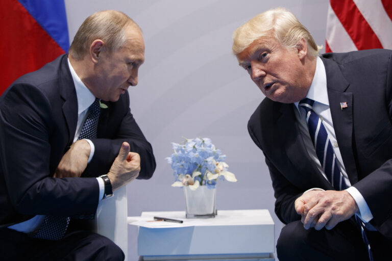 President Donald Trump meets with Russian President Vladimir Putin at the G20 Summit, Friday, July 7, 2017, in Hamburg. (AP Photo/Evan Vucci)