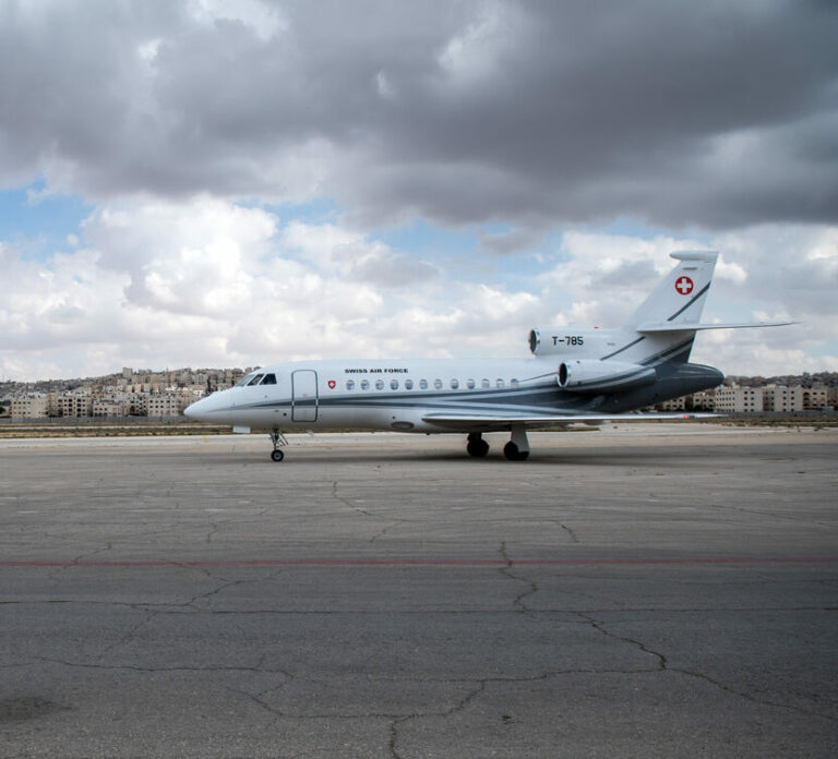 The Dassault Falcon 900 jet carrying Swiss Federal Councillor Ignazio Cassis (not pictured) during his arrival at Amman Marka Airport, in Jordan, on Sunday, May 13, 2018. Cassis is on a three day visit to Jordan. (KEYSTONE/Ti-Press/Gabriele Putzu)