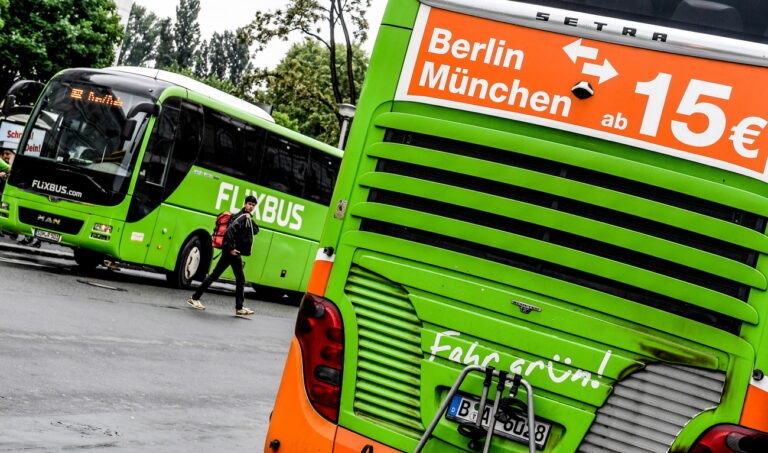 epa06741389 A Flixbus bus seen in front of the central train station in Dresden, Germany, 16 May 2018. .The German bus company is launching its data-driven bus service in the United States, choosing US west coast on starting of its operation. EPA/FILIP SINGER