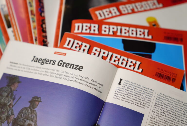 epa07240335 An illustrative picture shows the article 'Jaegers Grenze' (Hunters' Border) by Juan Moreno and Claas Relotius in the German magazine 'Der Spiegel' (issue No. 47 from 17 November 2018) in Berlin, Germany, 19 December 2017. German weekly magazine 'Der Spiegel' announced on 19 December 2018 that their writer Claas Relotius faked a number of stories in the past years. This was uncovered by his colleague Juan Moreno after he worked together with Relotius on the story 'Jaegers Grenze'. EPA/ALEXANDER BECHER