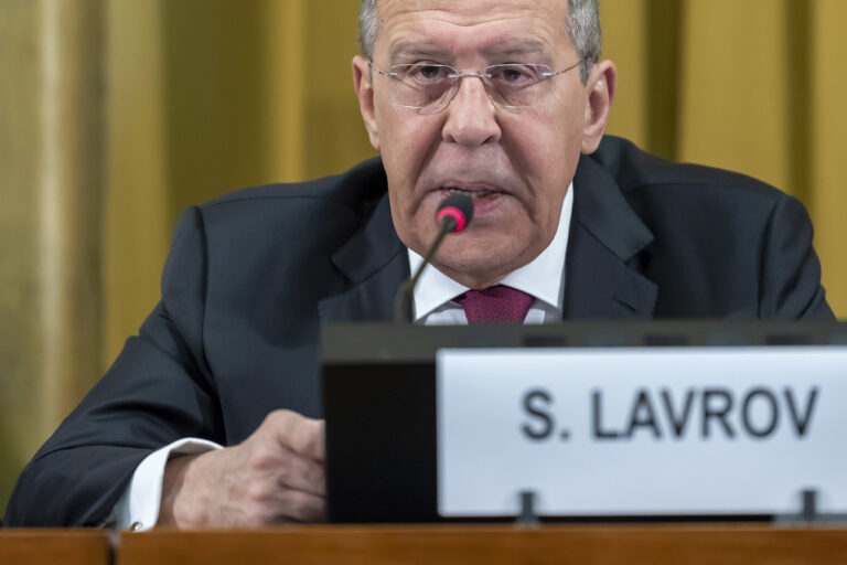 Russian Foreign Minister Sergey Lavrov, delivers a speech during the Disarmament Conference on Disarmament, at the European headquarters of the United Nations, in Geneva, Switzerland, Wednesday, March 20, 2019. (KEYSTONE/Martial Trezzini)