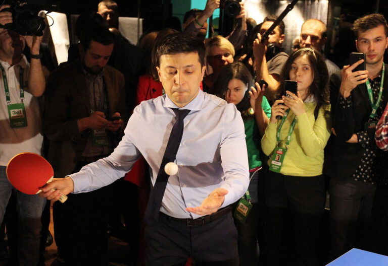epa07477290 Ukrainian showman and comedian, and Presidential candidate Volodymyr Zelenskiy plays table tennis at his campaign headquarters in in Kiev, Ukraine, 31 March 2019. According to initial exit polls, Volodymyr Zelensky won the first round of the Ukraine presidential election with 30.4 percent of votes. Ukrainian President Petro Poroshenko is second with 17.8 percent of votes. If no candidate will receive more than half of the votes, the run-off elections will be held on 21 April 2019. EPA/STEPAN FRANKO