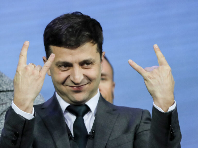 Volodymyr Zelenskiy, Ukrainian actor and candidate gestures as he reacts after debates between two candidates in the weekend presidential run-off at the Olympic stadium in Kiev, Ukraine, Friday, April 19, 2019. Friday is the last official day of election canvassing in Ukraine as all presidential candidates and their campaigns will be barred from campaigning on Saturday, the day before the vote. (AP Photo/Vadim Ghirda)