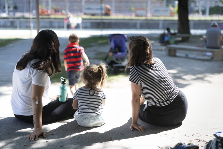 An LGBT family - a lesbian couple with their two children - on the playground of the Community Centre Wipkingen during a meeting of the umbrella organisation 