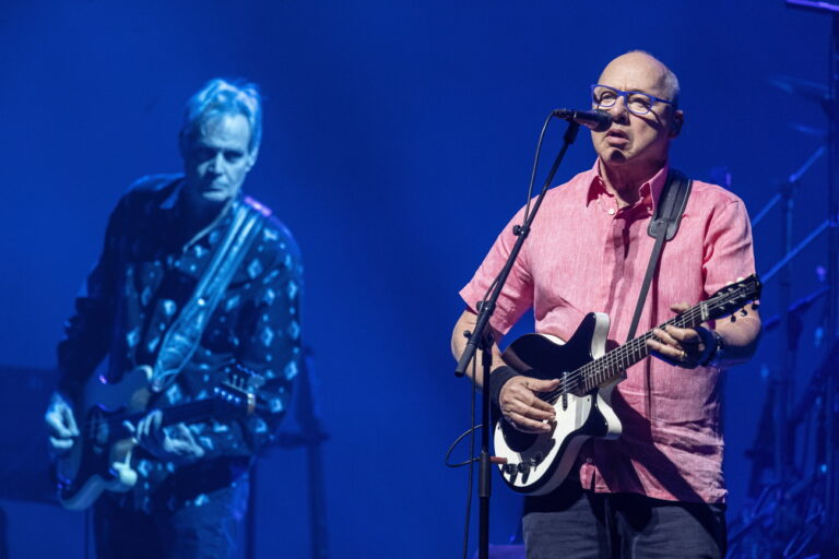 epa07706297 British guitarist, singer and song-writer Mark Knopfler, founder of the former rock band Dire Straits, performs during his concert in Papp Laszlo Budapest Sports Arena in Budapest, Hungary, 09 July 2019. EPA/Zsolt Szigetvary HUNGARY OUT