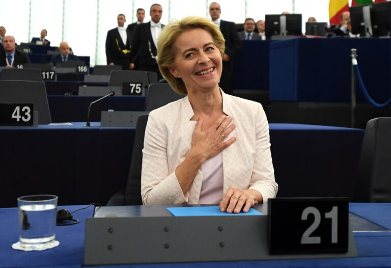 epa07720940 Ursula von der Leyen and nominated President of the European Commission reacts after a vote at the European Parliament in Strasbourg, France, 16 July 2019. European Parliament voted in favor of Ursula von der Leyen as the new President of the European Commission. EPA/PATRICK SEEGER