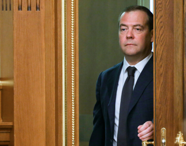 Russian Prime Minister Dmitry Medvedev enters a hall to attend a cabinet meeting in Moscow, Russia, Thursday, July 18, 2019. (Yekaterina Shtukina, Sputnik, Government Pool Photo via AP)
