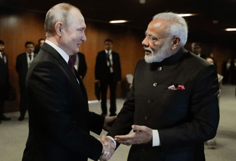 epa07993805 Russian President Vladimir Putin (L) shakes hands with Indian Prime Minister Narendra Modi (R), during their meeting on the sidelines of the 11th BRICS Summit in Brasilia, Brazil, 13 November 2019. The BRICS Summit, gathering the leaders of Brazil, Russia, India, China and South Africa, takes place in Brasilia on 13 - 14 November. EPA/MIKHAIL METZEL / KREMLIN /SPUTNIK / POOL MANDATORY CREDIT