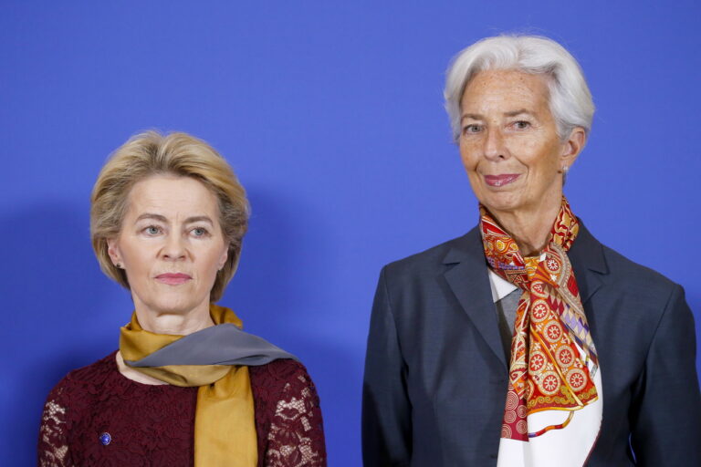 epa08036995 European Commission President Ursula von der Leyen (L) and European Central Bank (ECB) President Christine Lagarde (R) attend a ceremony for the 10th anniversary of the Lisbon Treaty and the start of new EU Institutional Cycle in Brussels, Belgium, 01 December 2019. EPA/JULIEN WARNAND