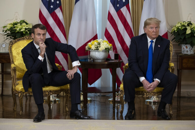 President Donald Trump meets President Emmanuel Macron at Winfield House during the NATO summit, Tuesday, Dec. 3, 2019, in London. (AP Photo/ Evan Vucci)