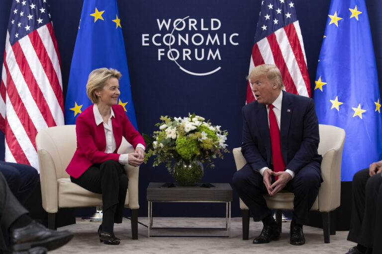 President Donald Trump meets with European Commission President Ursula von Der Leyen at the World Economic Forum, Tuesday, Jan. 21, 2020, in Davos, Switzerland. (AP Photo/ Evan Vucci)