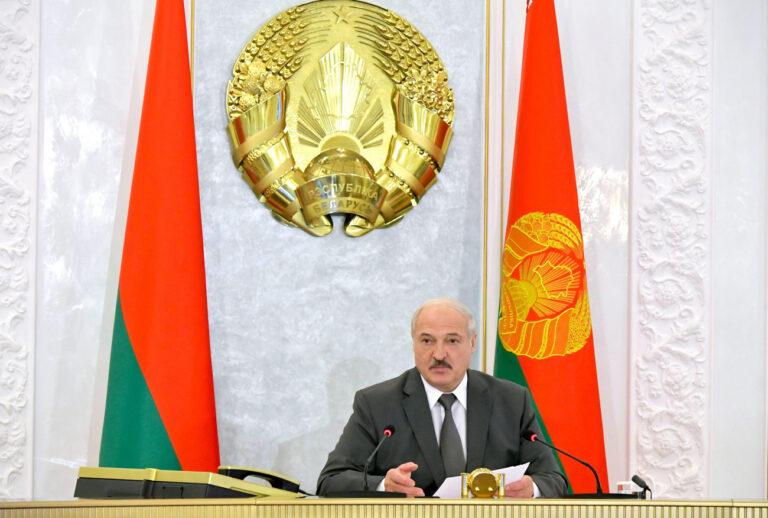Belarusian President Alexander Lukashenko chairs a Security Council meeting in Minsk, Belarus, Wednesday, Aug. 19, 2020. Authorities in Belarus on Wednesday resumed detentions of protesters who keep taking to the streets to demand the resignation of authoritarian President Alexander Lukashenko, as opposition leaders ratchet up pressure on the government by forming a coordination council to push for for a new election. (Andrei Stasevich/BelTA Pool Photo via AP)