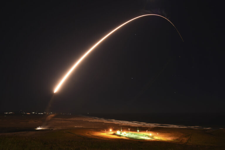 In this photo released by the U.S. Army Space and Missile Defense Command, an unarmed Minuteman 3 intercontinental ballistic missile launches during an operation test at Vandenberg Air Force Base, Calif., on Tuesday, Feb. 23, 2021. The missile was successfully launched from California in a test of the defense system, the U.S. Air Force said Wednesday. (Brittany E. N. MurphyU.S. Army Space and Missile Defense Command via AP)