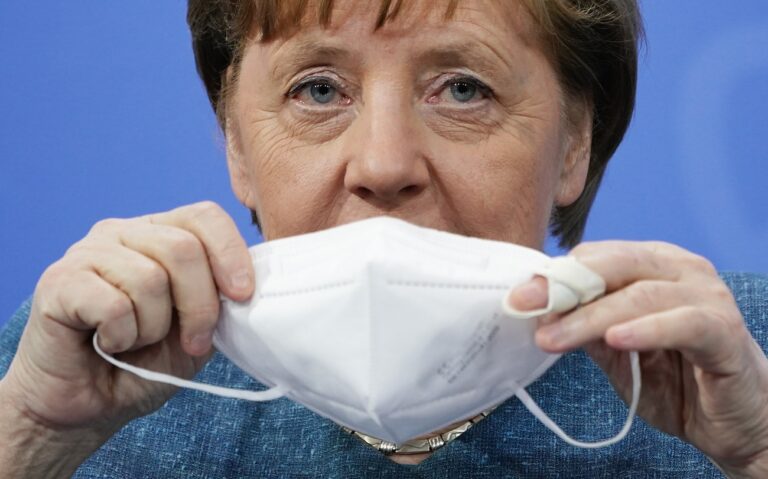 German Chancellor Angela Merkel attends a press conference after the vaccination summit in the Chancellery, Berlin, Monday April 26, 2021. (KEYSTONE/Michael Kappeler/Pool via AP)