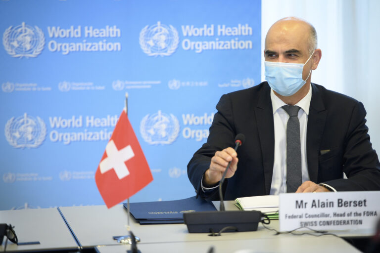 Swiss Interior and Health Minister Alain Berset speaks during a bilateral meeting with Tedros Adhanom Ghebreyesus, not in the picture, Director General of the World Health Organization (WHO) before signing a BioHub Initiative with a global Covid-19 Pathogen repository in Spiez laboratory on the sideline of the opening of the 74th World Health Assembly, WHA, at the WHO headquarters, in Geneva, Switzerland, Monday, May 24, 2021. (KEYSTONE POOL/Laurent Gillieron)