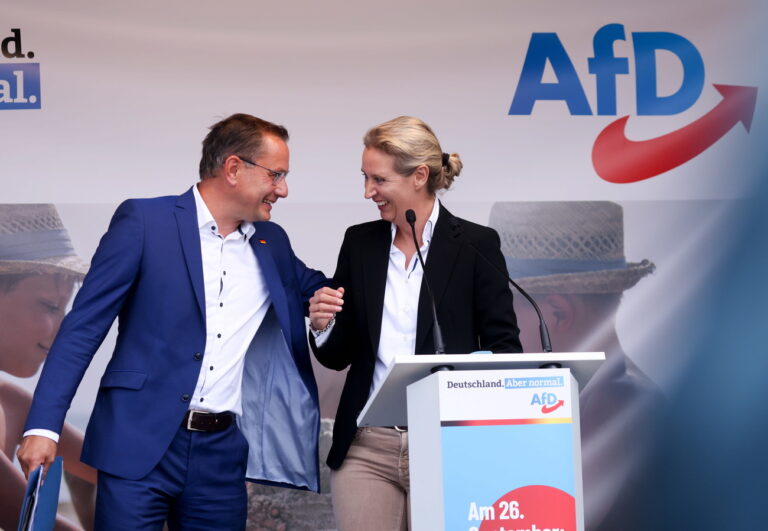 epa09408681 Alternative for Germany party (AfD) deputy chairwoman and top candidate for the upcoming federal elections Alice Weidel (R) and Alternative for Germany party (AfD) co-chairman and top candidate for the upcoming federal elections Tino Chrupalla attend rally of the AfD party for the campaign start for the federal elections in Schwerin, Germany, 10 August 2021. The AfD is starting their election campaign on 10 August 2021 in the east German town of Schwerin. The federal German elections will be held on 26 September 2021. EPA/FILIP SINGER