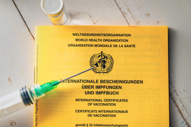gelbes deutsches Impfbuch der WHO Weltgesundheitsorganisation zur Eintragung der ersten und zweiten Impfung gegen das Coronavirus Covid 19 mit einer Spritze (KEYSTONE/CHROMORANGE/Michael Bihlmayer)