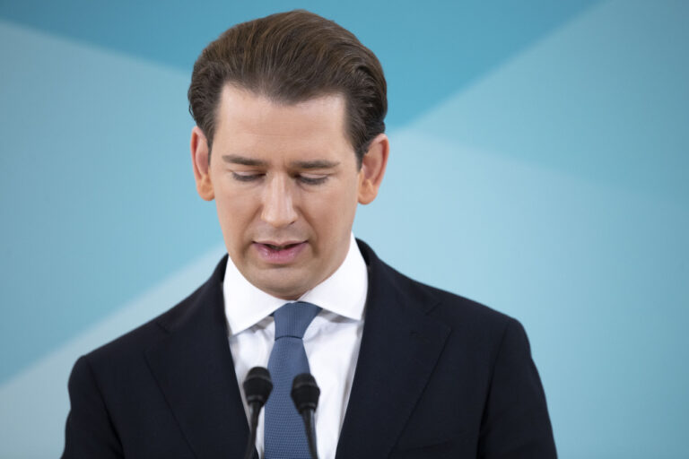 Former Austrian Chancellor Sebastian Kurz announces that he is quitting politics, two months after stepping down as leader amid corruption allegations, during a news conference in Vienna, Austria, Thursday, Dec. 2, 2021. (AP Photo/Lisa Leutner)