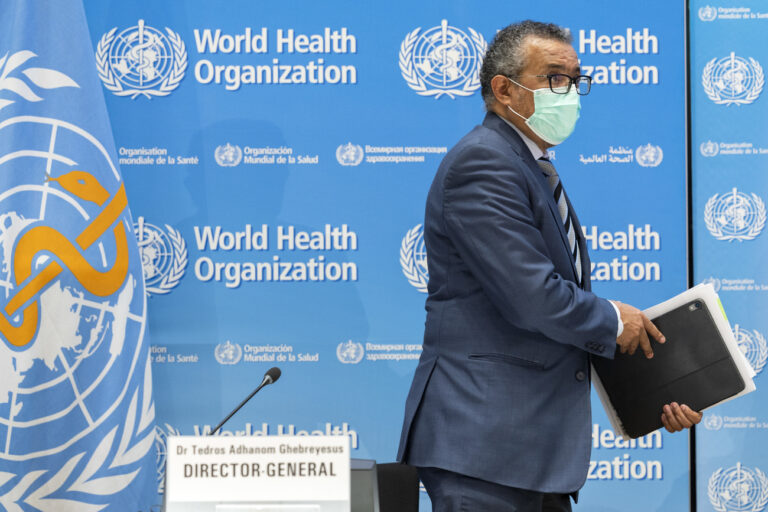 Tedros Adhanom Ghebreyesus, Director General of the World Health Organization (WHO), leaves the press conference after talking to the media regarding the coronavirus COVID-19 and WHO?s global health priorities in 2022, at the World Health Organization (WHO) headquarters in Geneva, Switzerland, Monday, December 20, 2021. (KEYSTONE/Salvatore Di Nolfi)