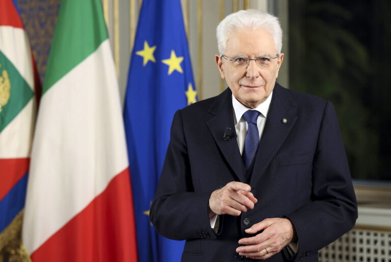 epa09661729 A handout photo made available by the Quirinal Press Office shows Italian President Sergio Mattarella delivering his year-end speech, the last of his seven-year term, in Rome, Italy, 31 December 2021. EPA/PAOLO GIANDOTTI / Quirinal Press Office/ HANDOUT HANDOUT EDITORIAL USE ONLY/NO SALES