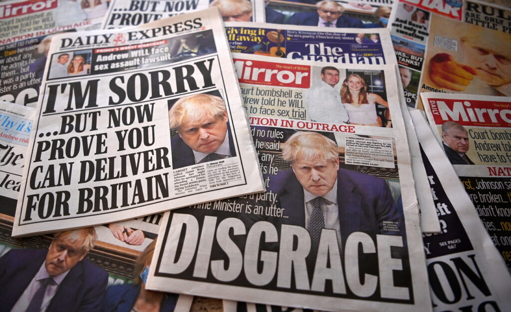 epa09682465 The UK newspaper front pages in London, Britain, 13 January 2022. The UK media has been reacting to British Prime Minister Boris Johnson's apology in parliament following lockdown party allegations where is he said to have attended a garden party at Downing Street during lockdown in May 2020. Many Members of Parliament called for the Prime Minister to resign. EPA/ANDY RAIN