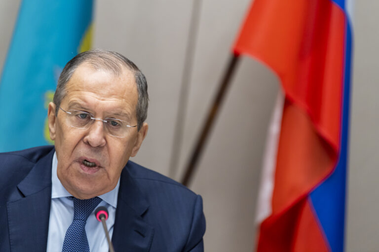 Russian Foreign Minister Sergei Lavrov, gestures during a press conference following talks with U.S counterpart on soaring tensions over Ukraine, in Geneva, Switzerland, Friday, January 21, 2022. (KEYSTONE/Jean-Christophe Bott)