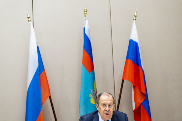 Russian Foreign Minister Sergei Lavrov, gestures during a press conference following talks with U.S counterpart on soaring tensions over Ukraine, in Geneva, Switzerland, Friday, January 21, 2022. (KEYSTONE/Jean-Christophe Bott)
