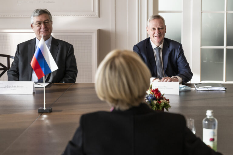 Swiss secretary of state Livia Leu, center, holds political consultations with Russian First Deputy Foreign Minister Vladimir Titov, right, and Sergei Garmonin, Russian Ambassador to Switzerland, in Bern, Switzerland, Friday, January 28, 2022. (KEYSTONE/Alessandro della Valle)