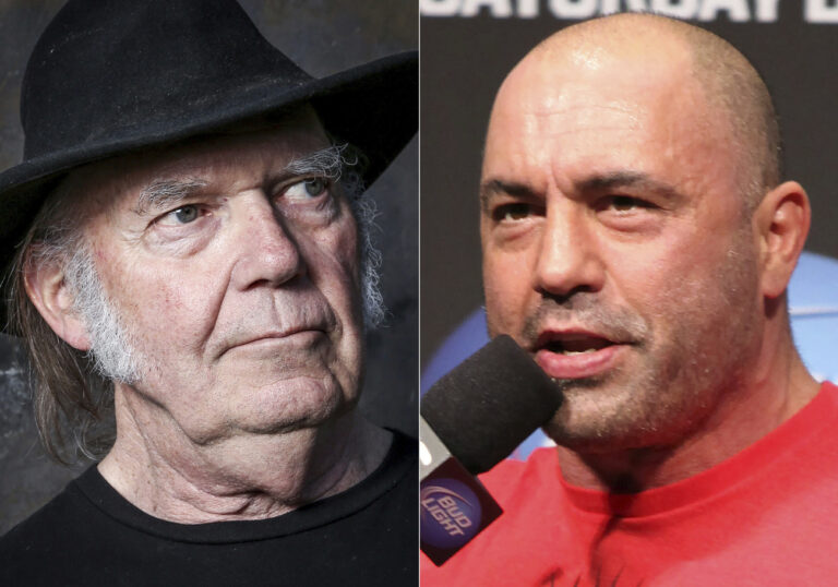 This combination photo shows Neil Young in Calabasas, Calif., on May 18, 2016, left, and UFC announcer and podcaster Joe Rogan before a UFC on FOX 5 event in Seattle, Dec. 7, 2012. Spotify said Sunday, Jan. 30, 2022, that it will add content advisories before podcasts discussing the coronavirus. The move follows protests of the music streaming service that were kicked off by Young over the spread of COVID-19 vaccine misinformation. On Wednesday, Young had his music removed from Spotify after the tech giant declined to remove episodes of âÄœThe Joe Rogan Experience,âÄ which has been criticized for spreading virus misinformation. (AP Photo)