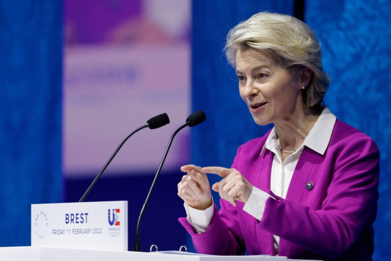 epa09746449 European Commission President Ursula von der Leyen delivers a speech during the High Level Segment session of the One Ocean Summit in Brest, France, 11 February 2022. The session seeks to raise the international community's ambitions to protect sea life, cut plastic pollution and tackle the impact of climate change. EPA/LUDOVIC MARIN / POOL MAXPPP OUT