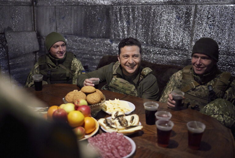 epa09766829 A handout photo made available by the Presidential Press service shows Ukrainian President Volodymyr Zelensky (C) during a visit to the front line not far from pro-Russian militants controlled city of Donetsk, Ukraine, 17 February 2022 amid escalation on Ukraine - Russian border. EPA/PRESIDENTIAL PRESS SERVICE HANDOUT HANDOUT HANDOUT HANDOUT EDITORIAL USE ONLY/NO SALES