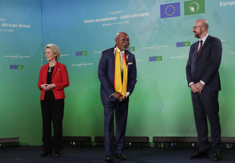 epa09770134 Ugandan Foreign Minister Jeje Odongo (C) is welcomed by European Commission President Ursula von der Leyen (L) and European Council President Charles Michel, (R) during the sixth European Union - African Union summit in Brussels, Belgium, 18 February 2022. The leaders of the African Union (AU) join EU leaders for a two-day summit in Brussels. Ahead of the summit, EU heads of state or government will gather for an informal meeting of the members of the European Council to discuss the state of play of the latest developments related to Russia and Ukraine. EPA/OLIVIER HOSLET / POOL