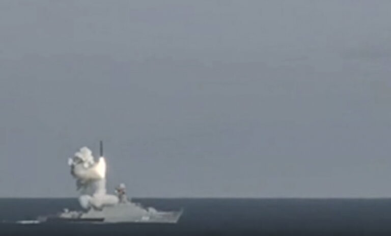 epa09772201 A handout still image taken from handout video made available by the Russian Defence ministry press-service shows a Russian navy ship launches a domestic surface ship and submarine-launched anti-ship missile 3M54 Kalibr/Klub during the Russian strategic deterrence forces exercises in Russia, 19 February 2022. Russian President Vladimir Putin opens exercises of the Russian strategic deterrence forces with launches of the ballistic missiles. Russian Navy ships of the Northern and Black Sea Fleets launched 'Kalibr' cruise missiles and 'Zirkon' hypersonic missiles at sea and ground targets during scheduled exercises of the strategic deterrence forces on Saturday. The 'Yars' intercontinental ballistic missile was launched from Plesetsk at the Kura training ground. EPA/RUSSIAN DEFENCE MINISTRY PRESS SERVICE / HANDOUT HANDOUT EDITORIAL USE ONLY/NO SALES