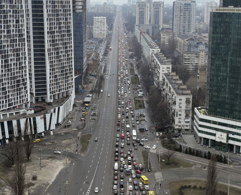 Traffic jams are seen as people leave the city of Kyiv, Ukraine, Thursday, Feb. 24, 2022. (AP Photo/Emilio Morenatti)