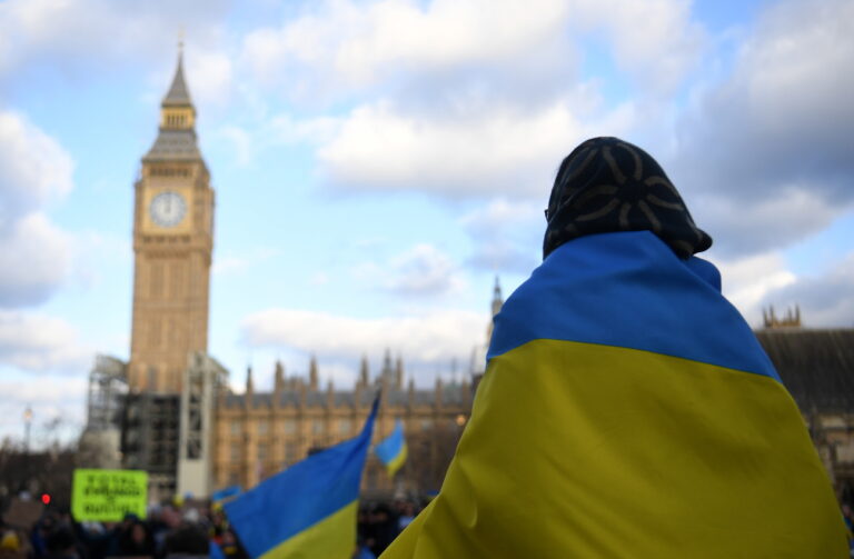 epa09806157 People demonstrate in support of Ukraine and against Russia's invasion of Ukraine, at Parliament Square in London, Britain, 06 March 2022. Russian troops entered Ukraine on 24 February prompting the country's president to declare martial law and triggering a series of announcements by Western countries to impose severe economic sanctions on Russia. EPA/NEIL HALL