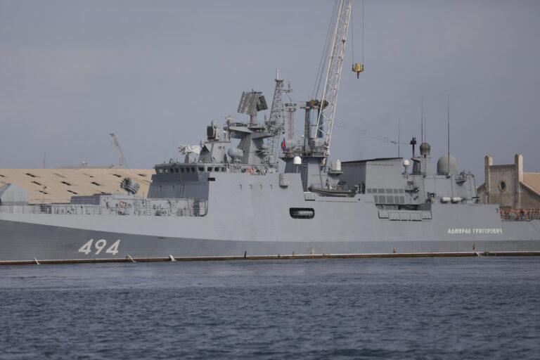 FILE - A Russian warship is docked in the Port Sudan, in Port Sudan, Sudan, on Feb. 28, 2021. The Interfax News Agency cited the press service of the Russian Navy's Black Sea Fleet saying the frigate Admiral Grigorovich arrived at Port Sudan where a naval facility will be established, according to the agreement between Russia and Republic of the Sudan. (AP Photo, File)