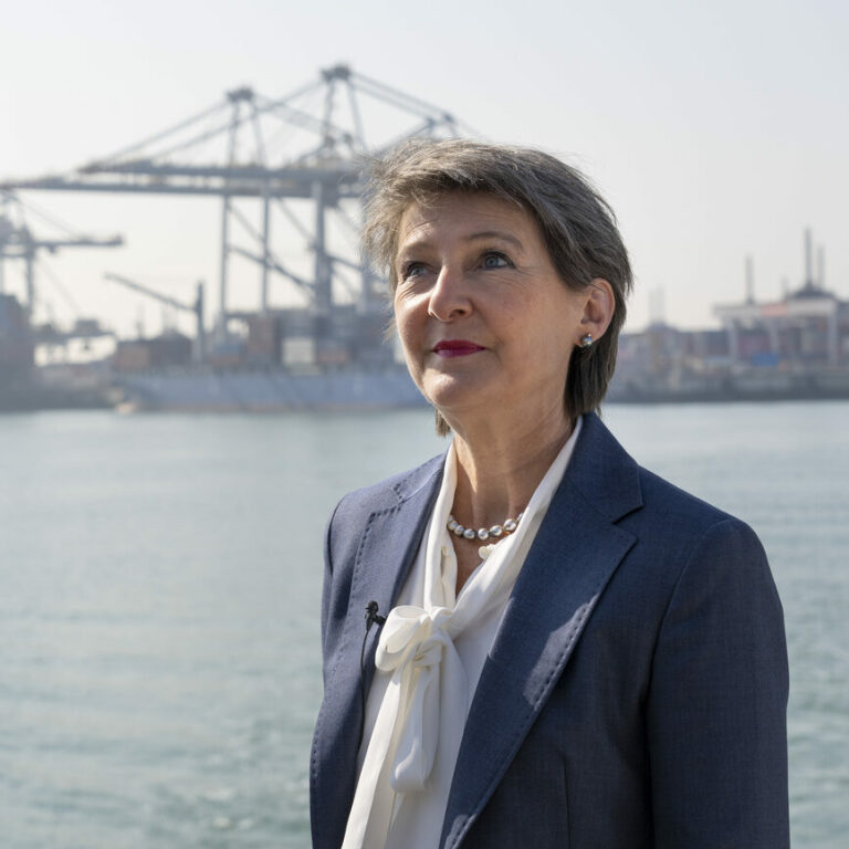 Swiss Federal Councillor Simonetta Sommaruga is interviewed during a tour of the Port of Rotterdam, Netherlands, Wednesday, March 23, 2022. (AP Photo/Peter Dejong)