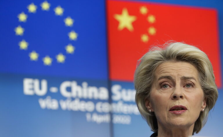 epa09863645 European Commission President Ursula von der Leyen speaks during a press conference following an online EU China summit with Chinese President Xi Jinping at the European Council building in Brussels, Belgium, 01 April 2022. EPA/OLIVIER HOSLET