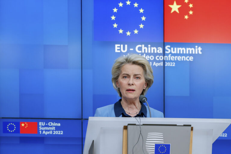 European Commission President Ursula von der Leyen speaks during a media conference at the end of an EU China summit at the European Council building in Brussels, Friday, April 1, 2022. (AP Photo/Olivier Matthys)