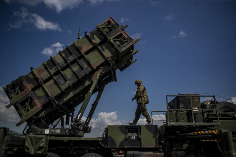 epa09937880 A German soldier walks during presentation of how it works at the launching station of NATO's Patriot missile air defense system operated by German army unit Flugabwehrraketengruppe 26 (Air Defense Artillerie) placed at Sliac airbase in Sliac, central Slovakia, 10 May 2022. A Dutch-German air and missile defence forces deployed Patriot system in spring 2022 to reinforce defence capabilities on Eastern NATO border following Russia's military invasion in Ukraine, as mainly military mission is protection of Sliac air base and additional assets. NATO multinational air missile defence task force Slovakia operate on the site with 240 German soldiers and with 130 Dutch soldiers. EPA/MARTIN DIVISEK